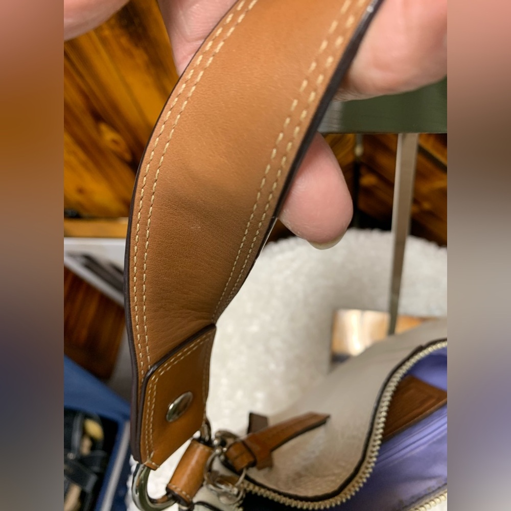 Coach Pebbled Leather Shoulder Bag Cream with Brown Strap, purple interior. - Picture 11 of 16